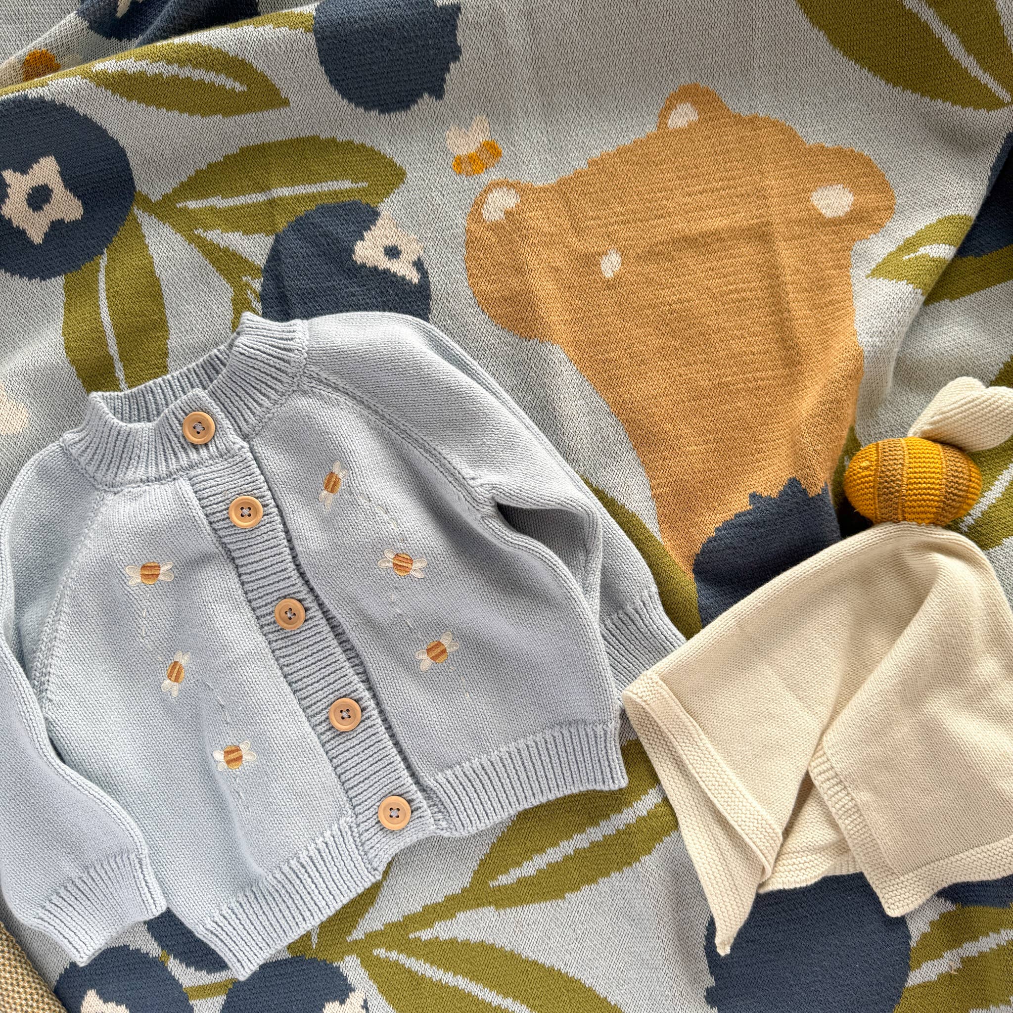 The Blueberry Hill Cotton Bee Embroidered Baby Cardigan