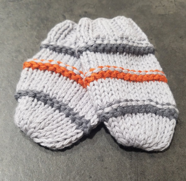 Thumbless Knit Mittens, LtGrey/Charcoal/Orange