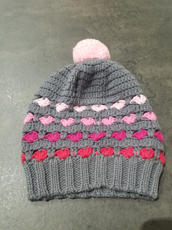 Pom Pom Knit Hat, Charcoal/Pink/Red