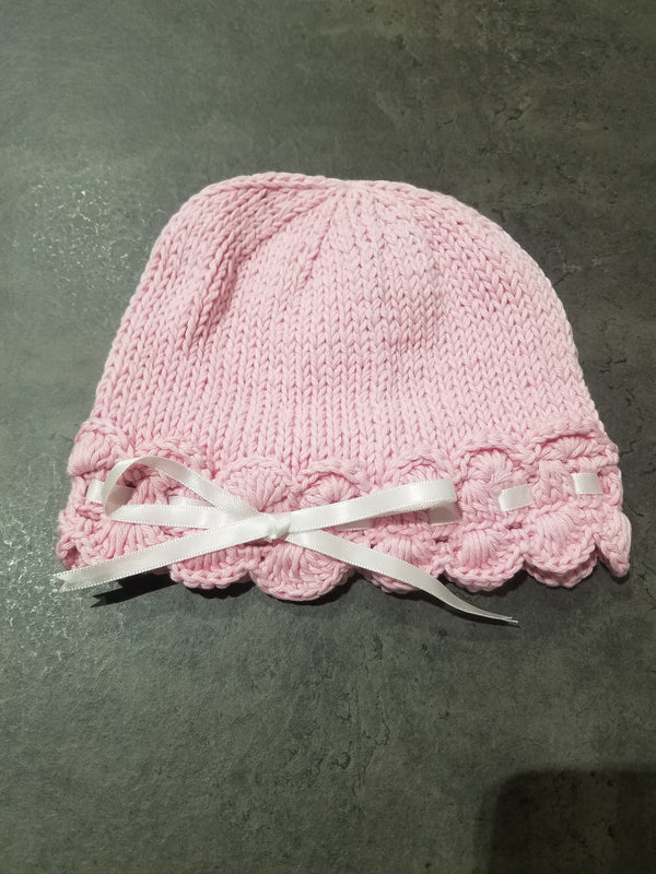 Knit Hat w/ Ribbon Trim, Pink w/White