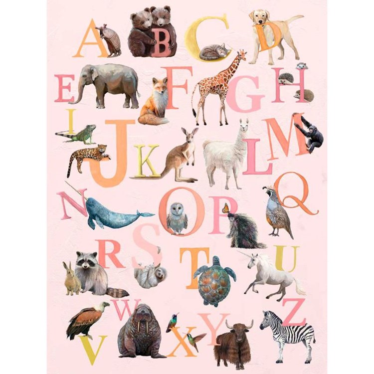 Animal Alphabet - Pink, Stretched Canvas Wall Art 24x30