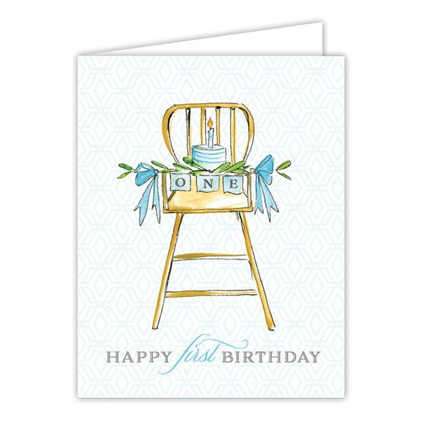 Card - Happy First Birthday High Chair With Cake, Blue