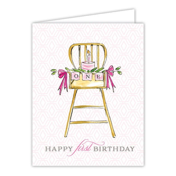 Card - Happy First Birthday High Chair With Cake, Pink