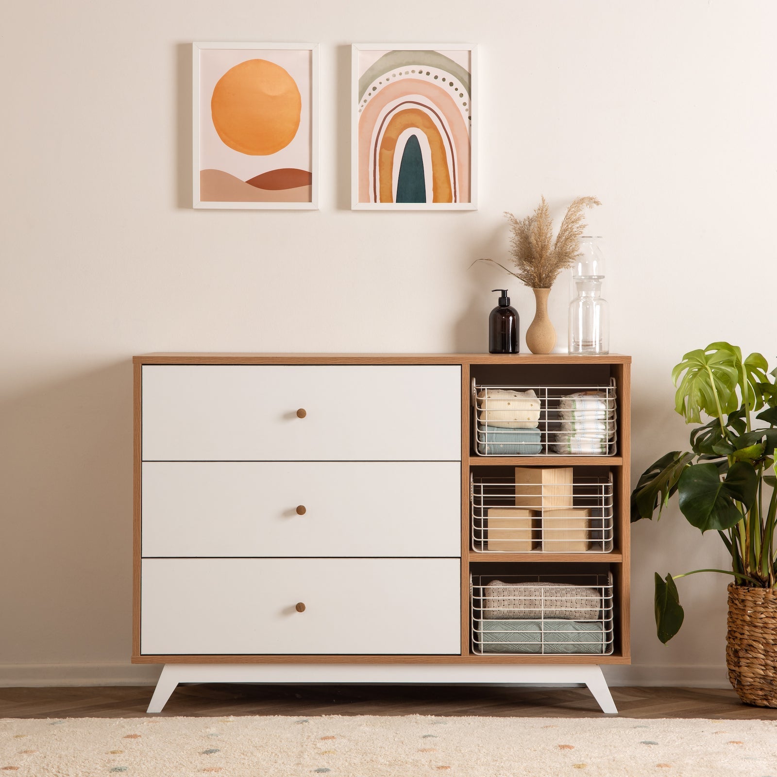 Central Park 3-Drawer Dresser, White/Red Oak