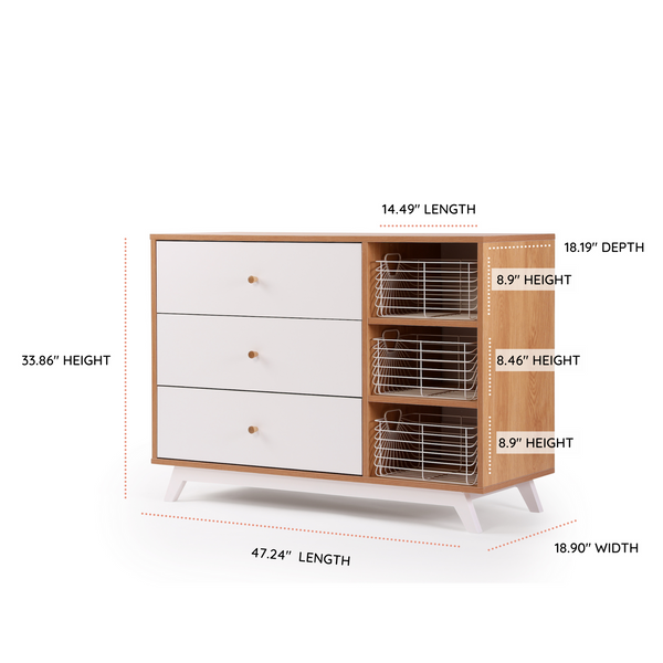 Central Park 3-drawer, Two Shelves Dresser White/Red Oak