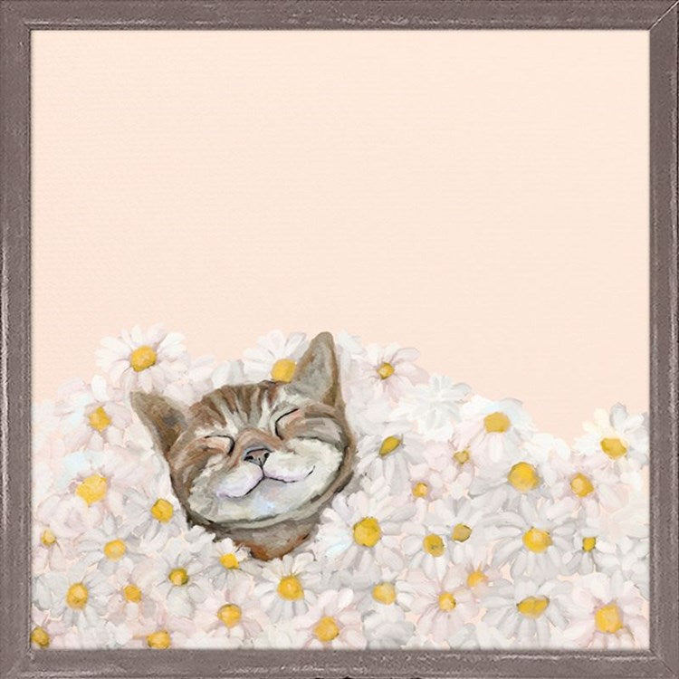 Feline Friends - Happy As A Cat In Daisies, Mini Framed Canvas
