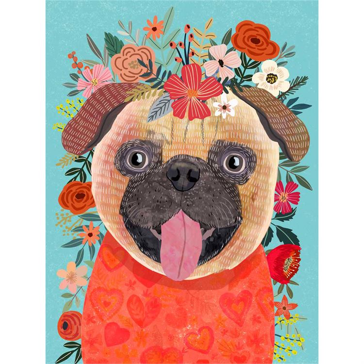 Floral Friends - Love Pug, Stretched Canvas Wall Art 10x14