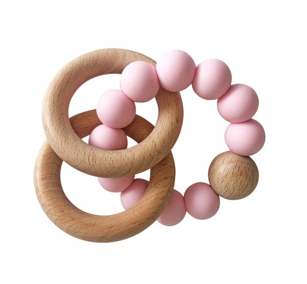 Natural Beechwood & Silicone Teether Ring Set - Rosewater