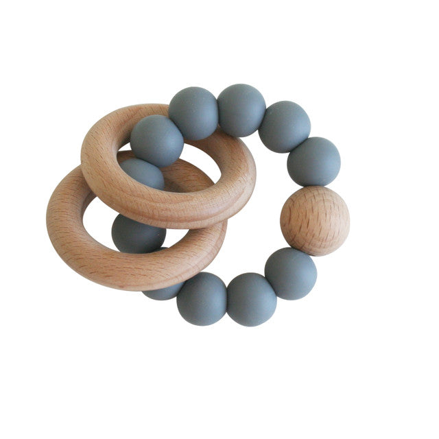 Natural Beechwood & Silicone Teether Ring Set - Storm Grey