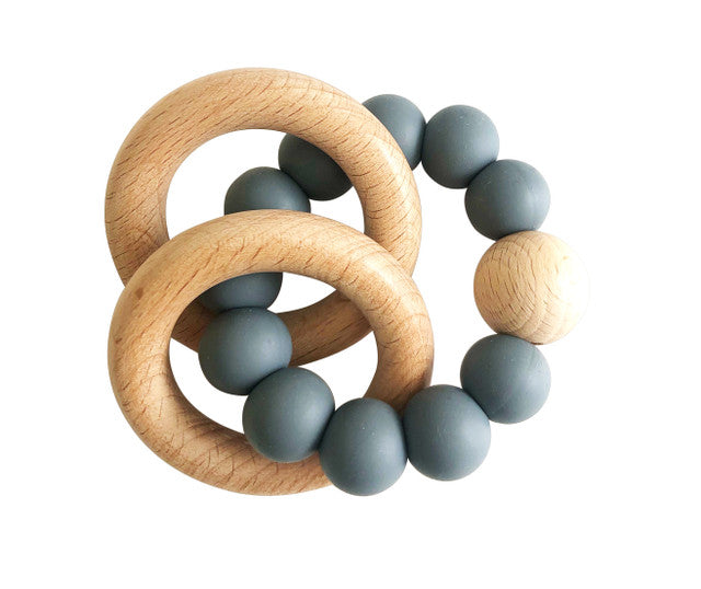 Natural Beechwood & Silicone Teether Ring Set - Storm Grey