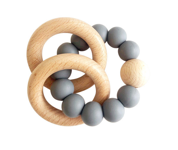 Natural Beechwood & Silicone Teether Ring Set - Storm Grey