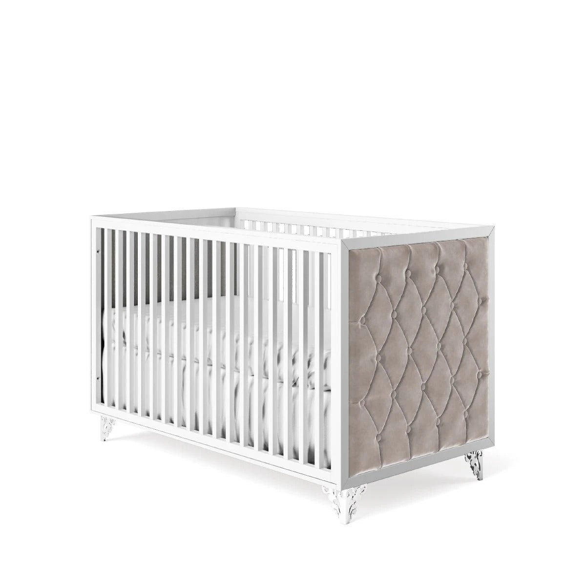 Classic Crib Tufted Solid White with Beige Velvet
