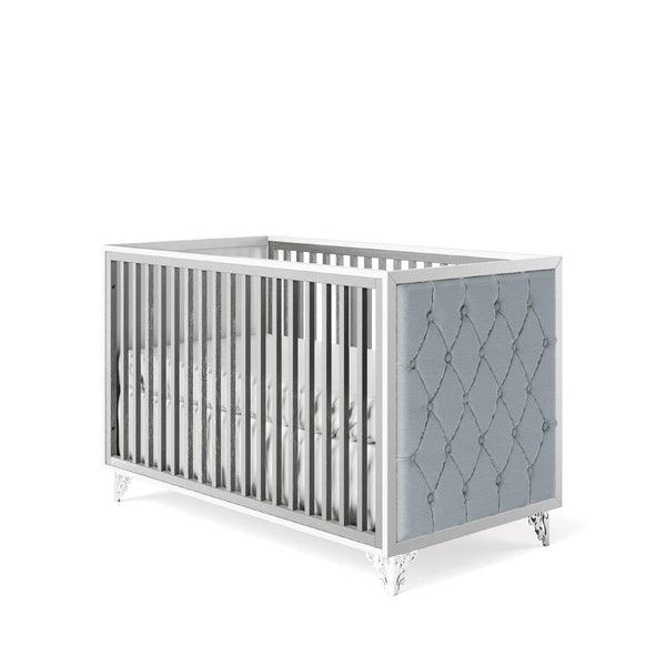 Classic Crib Tufted Panel Solid White with Grey Linen and Laser Cut Feet