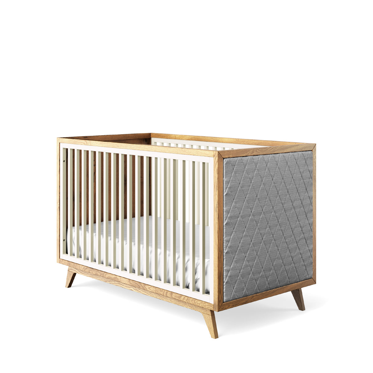 Classic Crib Tufted Panel Bianco Satinato with Grey Linen