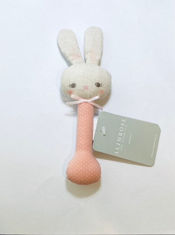 Baby Bunny Stick Rattle, Pink with White Spots